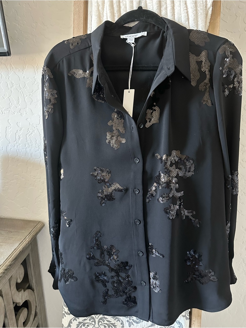 Chico's Black Sequin Stripe Button-Down Shirt - Picture 5 of 11